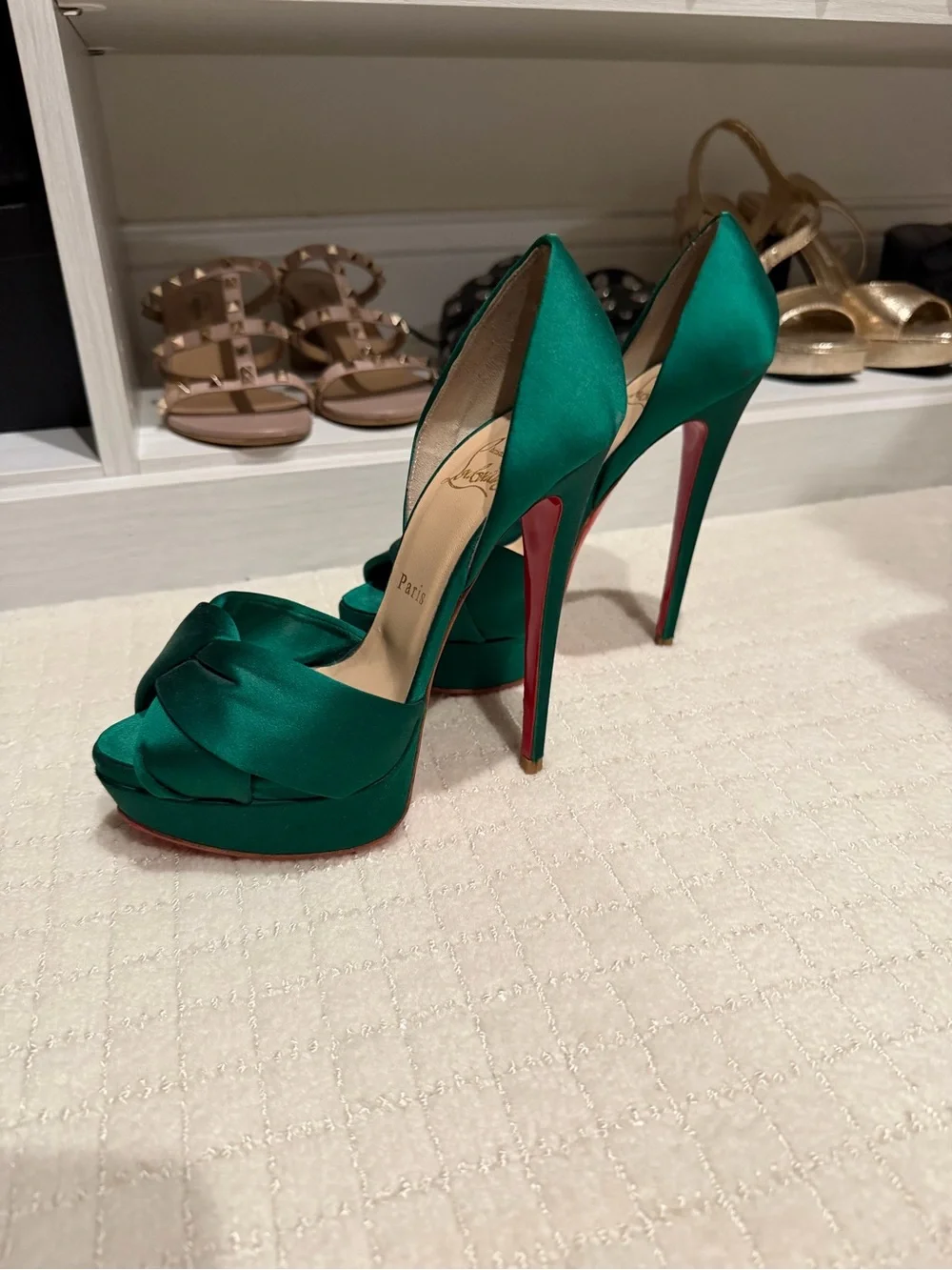 Christian Louboutin Emerald Green Satin Knotted Peep-Toe Platforms